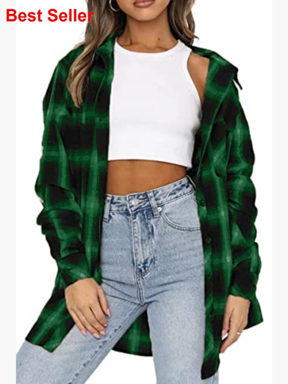 Oversized Button Down Flannel Shacket Long Sleeve Plaid Blouse Business Casual - Picture 4 of 7